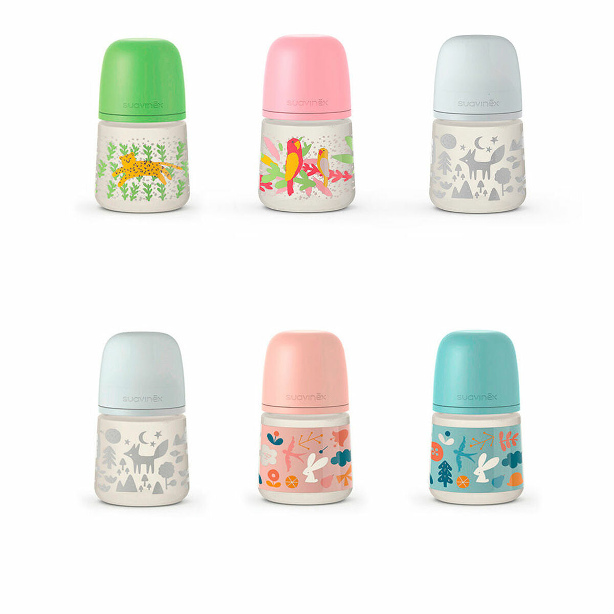 Suavinex Prints S Baby-Flasche 150 ml mit ergonomischem Design und modernem Muster